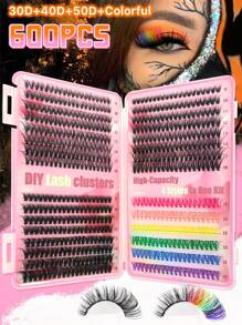 600 piezas Racimos de pestañas individuales coloridos, gran capacidad 30D+40D+50D+Curl de color D 9-16mm, kit de extensión de pestañas postizas individuales segmentadas temático de Halloween, volumen dramático y 7 colores mezclados, aspecto natural y extra grueso, wispy y ultra suave, súper ligero y reutilizable para uso personal en el hogar, Halloween, cosplay y vida diaria