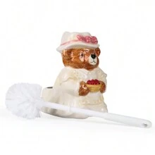 1pc Ceramic Handpainted Toilet Brush Holder With 1pc Toilet Brush, 3D Hand-Carved Sculpture Of Cute Bear Couple, Bathroom Decoration - Multicolor - View 7