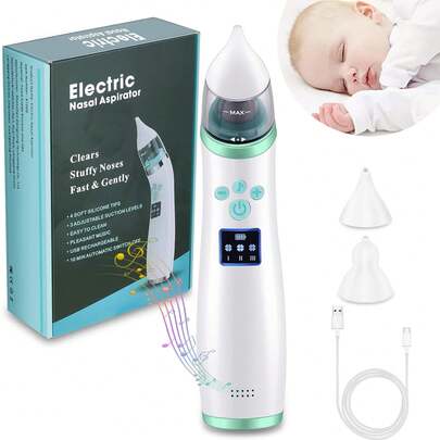 SHIXIONG Limpiador Nasal Eléctrico para Bebés, Saca Mocos para Bebe con Carga USB, Extractor de Mocos para Bebe con 2 Cabezales de Silicona, 3 Niveles de Succión Ajustables, Música y Calmante Ligera