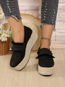 Sepatu Slip-On Espadrille Platform Wedge Ujung Bulat Wanita, Sepatu Hak Tinggi Suede Sol Tali Linen Kasual Luar Ruangan, Ukuran 35-43, Musim Semi/Gugur (Ukuran Setengah Lebih Besar) - Hitam - View 6