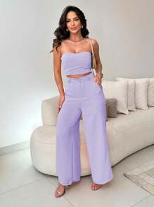 Women's Set High Waisted Wide Leg Pants And Cropped Top In Duna - 紫丁香色 - 查看 1