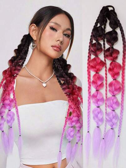 1 Piece Of 24 Inch Color Gradient Ponytail Bubble Braid Hair Extensions, Y2k Hair Ponytail, Natural And Fashionable Synthetic Hair Bands For Music Festivals And Christmas Party Hair Accessories