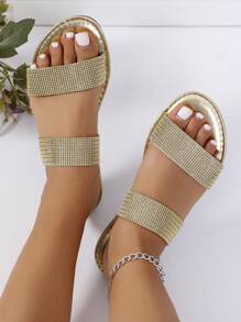 Women's Glitter Sequin Decorated Slip-On Sandals, Casual Flat Summer Shoes, Lightweight Beach Sandals - Gold - View 3