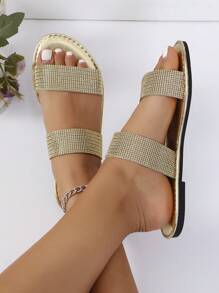 Women's Glitter Sequin Decorated Slip-On Sandals, Casual Flat Summer Shoes, Lightweight Beach Sandals - Gold - View 4