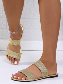 Women's Glitter Sequin Decorated Slip-On Sandals, Casual Flat Summer Shoes, Lightweight Beach Sandals - Gold - View 5