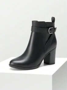 Women's Chunky High Heel Ankle Boots With Round Toe – Stylish Short Booties - 黑PU - 查看 4
