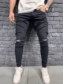 Men's Washed Black Denim Skinny Jeans, Stretchy & Fashionable - Black - View 1