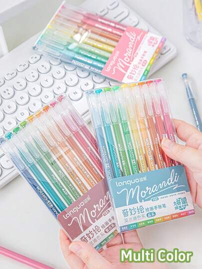 9支装Morandi彩色笔套装，透明笔杆，多色凝胶墨水，0.6mm圆珠笔，点描笔，适用于绘画、高亮、办公用品、学生返校文具礼品