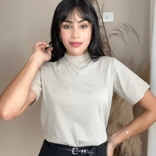 Short Sleeve High Neck T-Shirt Blouse - Màu be - Xem 2