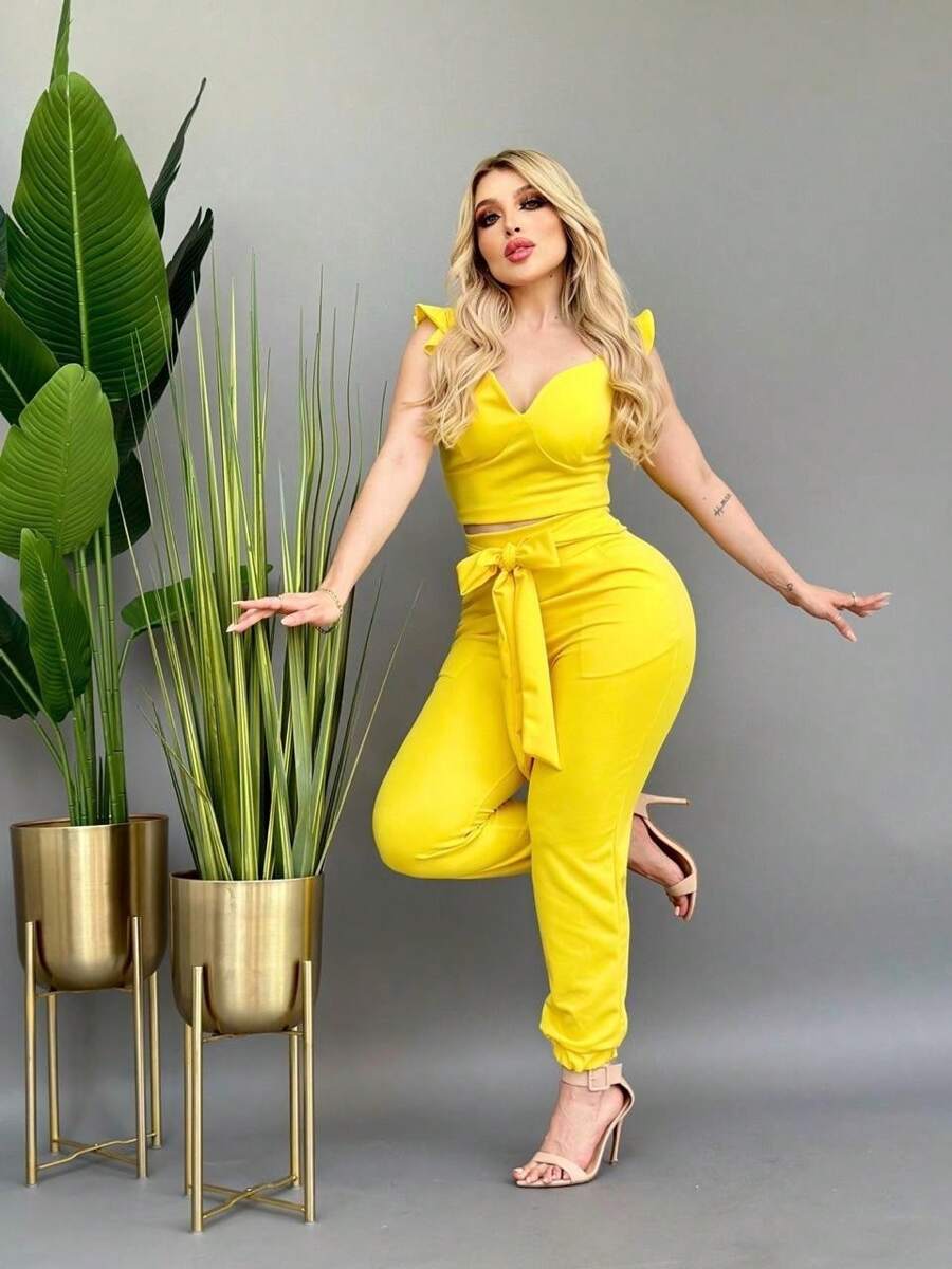 TOP BLOUSE Ruffle Sleeves With Trousers Adjustable Tape 2-Piece Set Adjustable One Size Party Casual Formal Skinny Long Adjustable Blouse