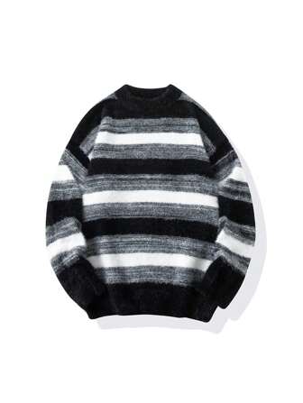 Men's Knitted Sweater, Casual Retro Color Block Striped Pullover For Couples