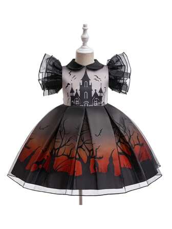 Young Girl Halloween Young Girl  Halloween Party Costume  Haunted House Print Satin Fabric Dress For Dress-Ball