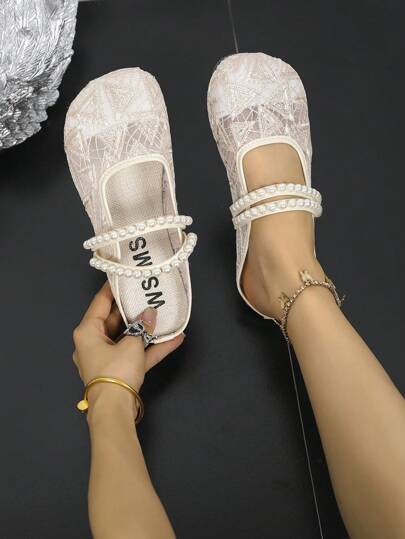 女士法式玛丽珍网眼透气一脚蹬穆勒鞋，全新夏季时尚露趾休闲拖鞋