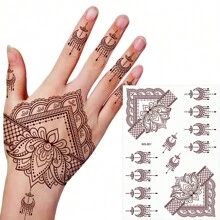 210X150MM 1 Sheets India Mehndi Design Brown Red Maroon Tattoo Stickers, Temporary Tattoos For Women, Waterproof Body Art Stickers, Hand Painted Henna Design, Long Lasting Fake Tattoos For Fingers And Back Of The Hand - 1pc Oblong Shape