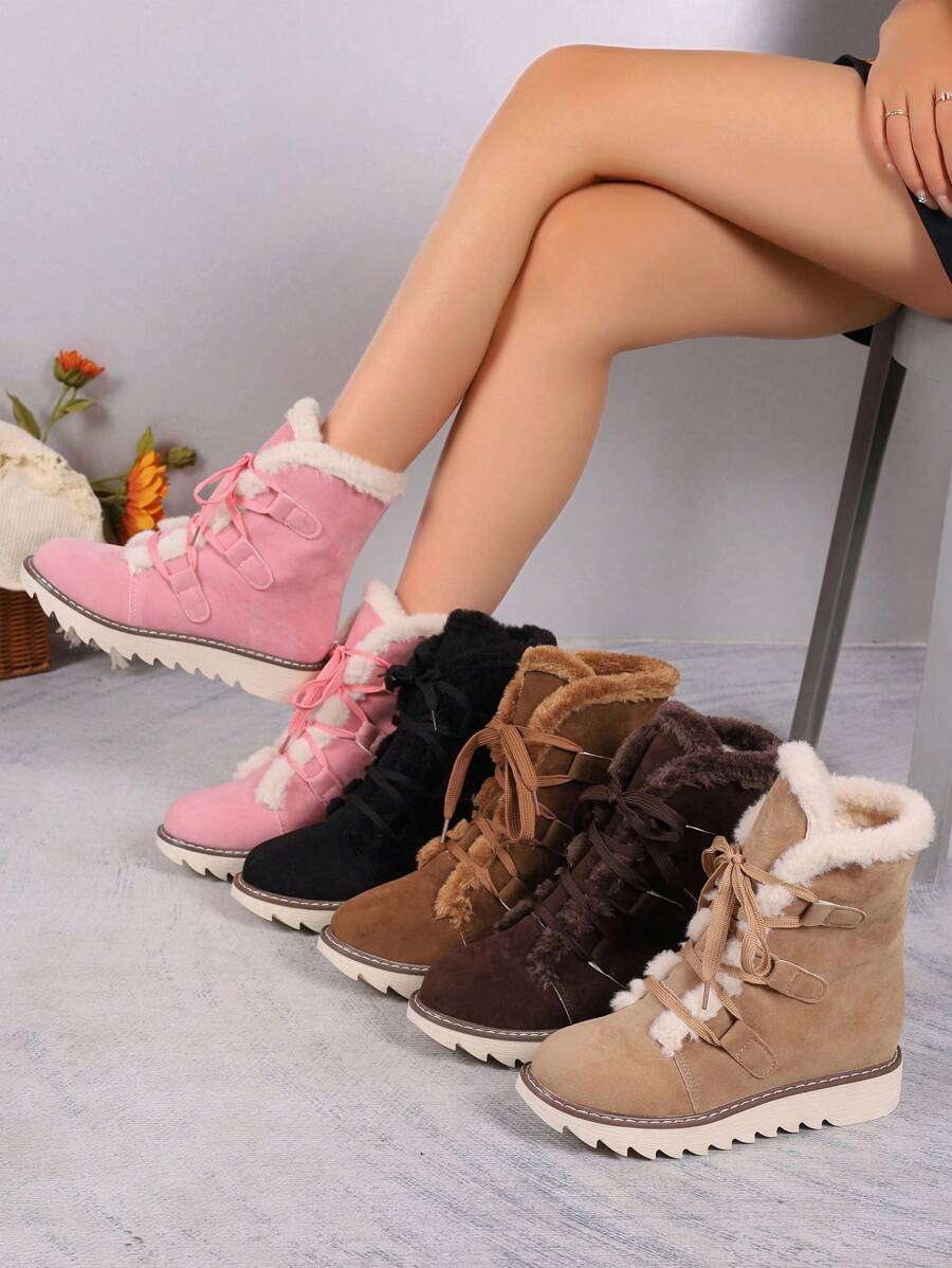 Botas femininas elegantes com forro térmico de cano médio, cadarço de cor sólida, salto plano, botas de inverno confortáveis