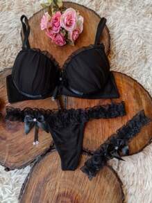 Luxury Lingerie Legging Set Thong Panties Sensual Lingerie Bra With Padded Bra With Persex Legging - màu đen - Xem 1