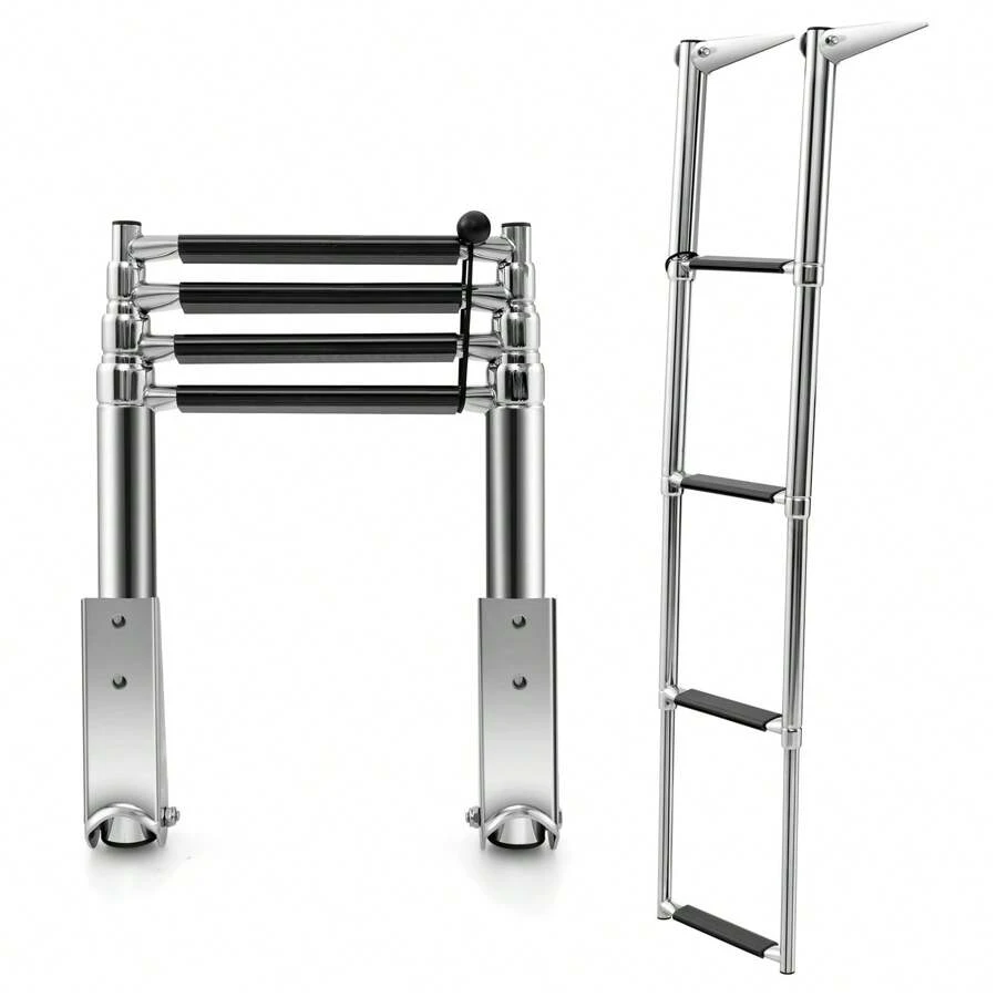 4-Step Telescoping Boat Ladder, Folding Dock Ladder With Non-Slip Steps, Stainless Steel Extendable Boat Ladder For Yacht, Dock, Pontoon, Swimming Pool, 225 KG Capacity - Silver - View 1