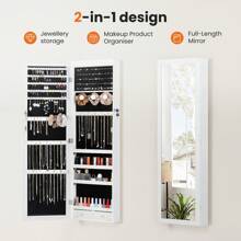 OLIXIS 全身镜珠宝柜，壁挂式或门式安装，收纳柜，内置化妆镜，可上锁储物，带 2 个抽屉，白色情人节返校宿舍储物 - 白色 - 查看 4