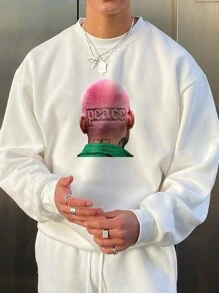 Men's Casual Letter Print Pullover Sweatshirt, Spring & Autumn - White - View 3