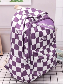 Classic Backpack Checkerboard Pattern Color Matching Preppy With Handbag Accessory, School Backpack - Purple - View 2