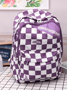 Classic Backpack Checkerboard Pattern Color Matching Preppy With Handbag Accessory, School Backpack - Purple - View 3