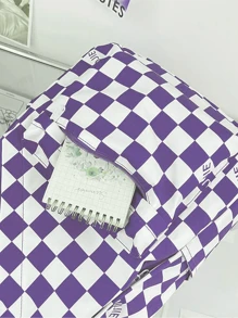 Classic Backpack Checkerboard Pattern Color Matching Preppy With Handbag Accessory, School Backpack - Purple - View 6