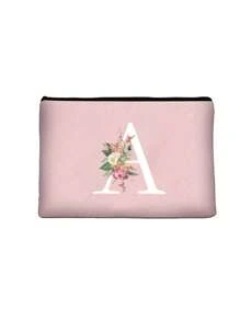 1pc Letter Initial Printed Cosmetic Bag, Pink Small Size, White A-Z Letter, Makeup Bag, Portable Toiletry Bag, Teacher's Day Gift, Reusable Makeup Bag, Women Minimalist Large Capacity Travel Makeup Bag - Pink - View 23