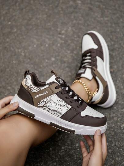 女士时尚拼色登山鞋，字母和树枝图案前系带休闲滑板运动鞋