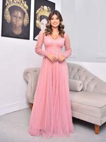 Women's Princess Long Dress Long Sleeve Shiny Color Fashion Party Prom - 淺粉色 - 查看 2