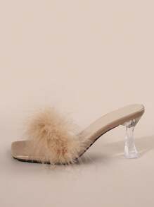 Sommer Mode High Heel Kristall & Plüsch Transparente Slide Sandalen, Sexy offene Zehenpartie Schul