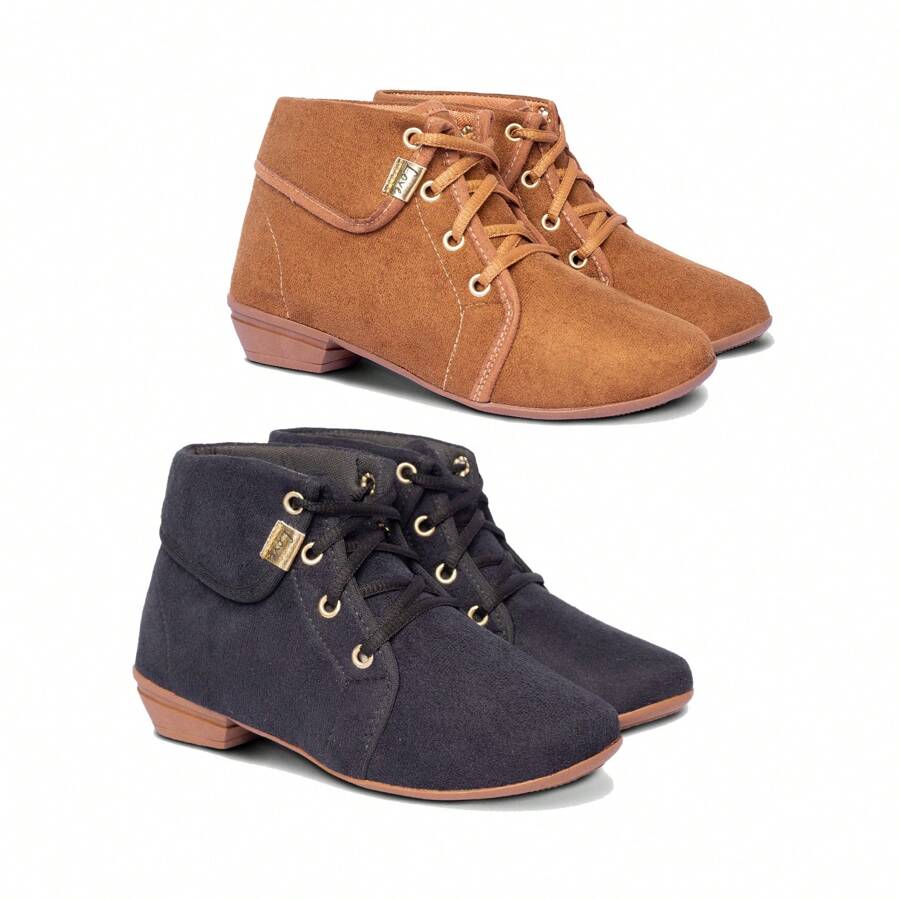 Kit 2 Pairs Women's Basic Suede Ankle Boots Casual Short Boot - ĐEN/CARAMEL - Xem 1