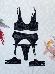 Mystic 4 Pcs Sexy Lingerie / Faux Leather Punk Goth Garter Set With Cut-Out Push-Up Bra And Thong Panties For Women's, & 1pair Leg Ring - Black - View 12