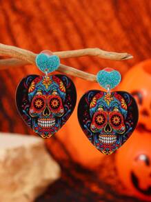 1 par de pendientes colgantes de calavera y corazón exagerados, divertidos y creativos para Halloween - Multicolor - Ver 18