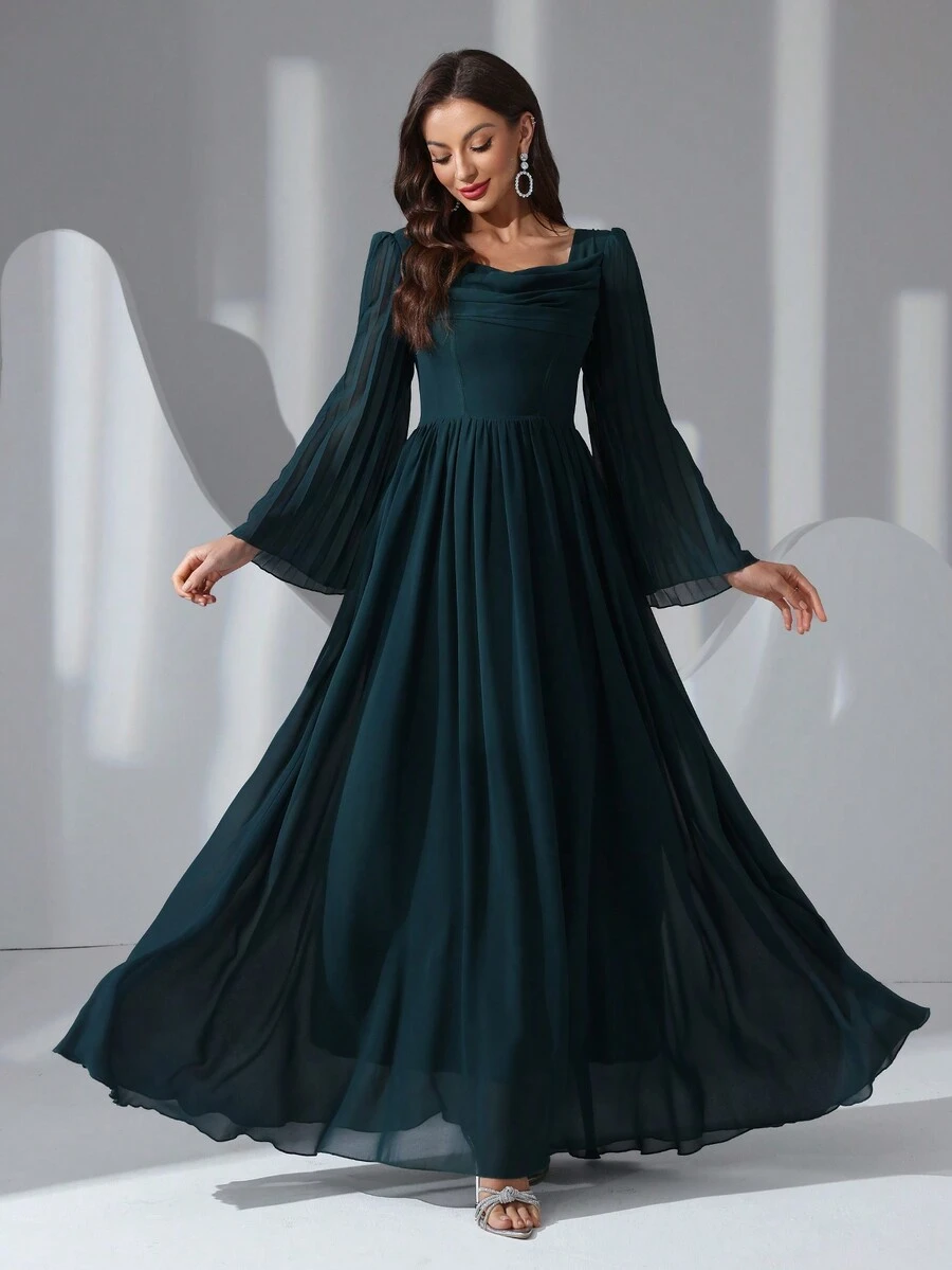 Women's Elegant Solid Color Bell Sleeve Long Dress, For Spring Autumn - Dark Green - View 1