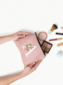 1pc Letter Initial Printed Cosmetic Bag, Pink Small Size, White A-Z Letter, Makeup Bag, Portable Toiletry Bag, Teacher's Day Gift, Reusable Makeup Bag, Women Minimalist Large Capacity Travel Makeup Bag - Pink - View 6