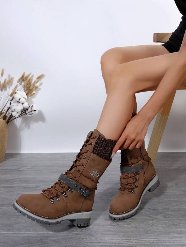 Gray European Style Front Lace-Up Patchwork Knit Cavalier Boots