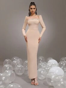 New Arrival Diamond Studded Long Sleeve Square Neck Bodycon Maxi Bandage Dress, Women Formal Wedding Evening Gown - Apricot - View 2