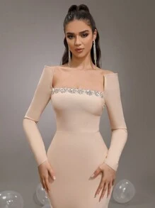 New Arrival Diamond Studded Long Sleeve Square Neck Bodycon Maxi Bandage Dress, Women Formal Wedding Evening Gown - Apricot - View 9