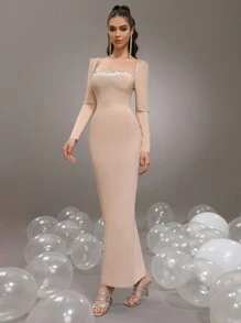 New Arrival Diamond Studded Long Sleeve Square Neck Bodycon Maxi Bandage Dress, Women Formal Wedding Evening Gown - Apricot - View 6