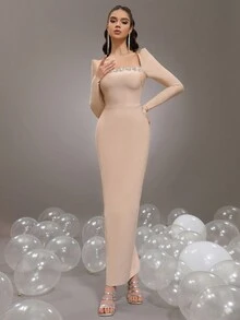 New Arrival Diamond Studded Long Sleeve Square Neck Bodycon Maxi Bandage Dress, Women Formal Wedding Evening Gown - Apricot - View 3