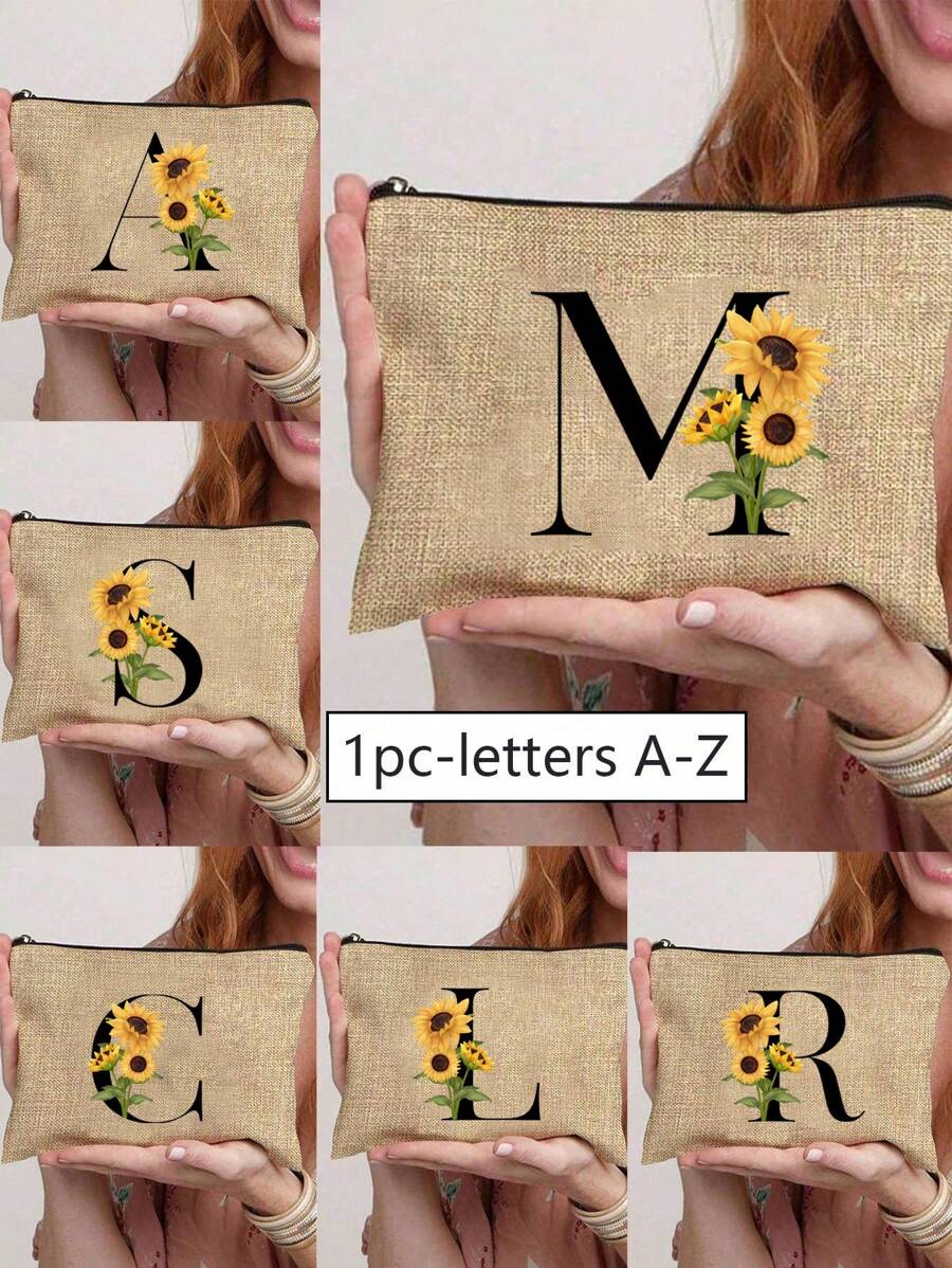 1pc Initials Printed Women's Makeup Bag, Khaki Small Bag, Sunflower Flower Print, Letters A-Z, Cosmetic Bag, Portable Wash Bag, Teacher's Day Gift, Reusable Makeup Bag, Women's Simple And Large Capacity Makeup Bag, Suitable For Weddings, Mother And Grandmother's Birthday Gifts, Ladies, Friends, Bridesmaids, Essentials Make Up Bag Holiday Essentials Makeup Bags Makeup Pouch 2024 Makeup Organizer Make Up Organizer Makeup Storage - Khaki - View 1