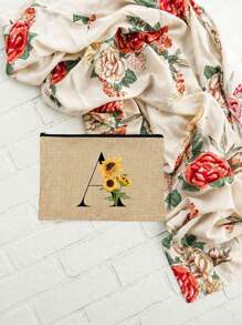 1pc Initials Printed Women's Makeup Bag, Khaki Small Bag, Sunflower Flower Print, Letters A-Z, Cosmetic Bag, Portable Wash Bag, Teacher's Day Gift, Reusable Makeup Bag, Women's Simple And Large Capacity Makeup Bag, Suitable For Weddings, Mother And Grandmother's Birthday Gifts, Ladies, Friends, Bridesmaids, Essentials Make Up Bag Holiday Essentials Makeup Bags Makeup Pouch 2024 Makeup Organizer Make Up Organizer Makeup Storage - Khaki - View 8