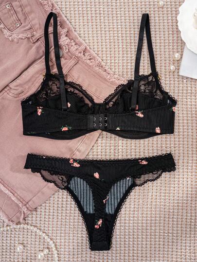 1set Zwart Bloemen Kanten BH Set, Lingerie view 2