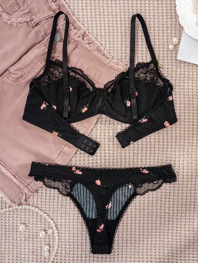 1set Zwart Bloemen Kanten BH Set, Lingerie view 4