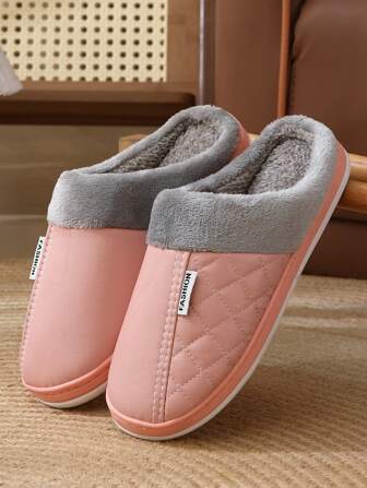 New Waterproof PU Leather Upper Slippers, Soft Sole Thick Thermal Lining Indoor/Outdoor Slip-On Warm Unisex Slippers, Wholesale