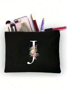 1pc Initials Printed Women's Makeup Bag, Black Small Bag, White Letters A-Z, Cosmetic Bag, Portable Wash Bag, Teacher's Day Gift, Reusable Makeup Bag, Women's Simple And Large Capacity Travel Makeup Bag Suitable For Men And Women, Couples, Daily Use, Birthdays, Holidays, Back To School, Vacation, Beach, Travel, Students, Daily Storage, Personalized Gift Bag, Suitable For Weddings, Mother And Grandmother's Birthday Gifts, Ladies, Friends, Bridesmaids, Travel Essentials Makeup Organizer - Black - View 16