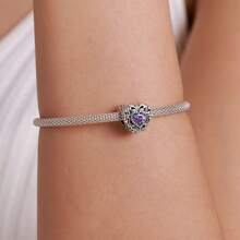bamoer 1 PC 925 Sterling Silver Purple Shining Stone Collection Charms Love Drop Pendant fit for Charm Bracelet Vintage Pattern Beads