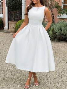 1 件女士圆领无袖长款优雅连衣裙 - 白色 - 查看 2