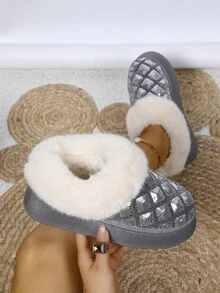 女士银色闪光冬季雪地靴，新款厚底毛边踝靴，厚底防滑保暖鞋，适合秋冬季 - 銀色 - 查看 2