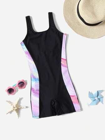Tween Girl New Style 8-14Y Knitted Striped Print One Piece Swimsuit Fashion Casual Sports Swimwear